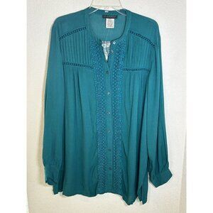 Ulla Popken Womens Teal Blouse Crochet 12/14 Boho Pleats Fall Top for Women